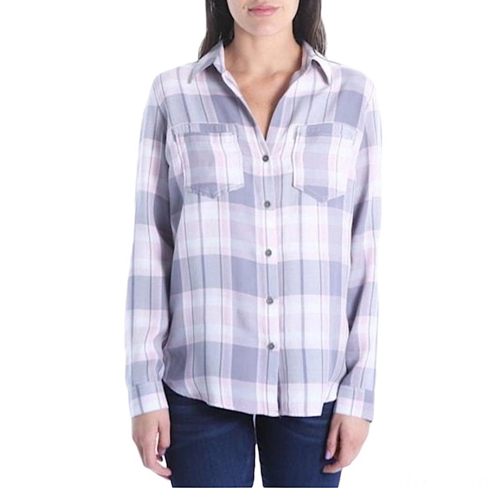 Kut from the Kloth Hannah Plaid Button Down Shirt Pink/Grey/White Size M